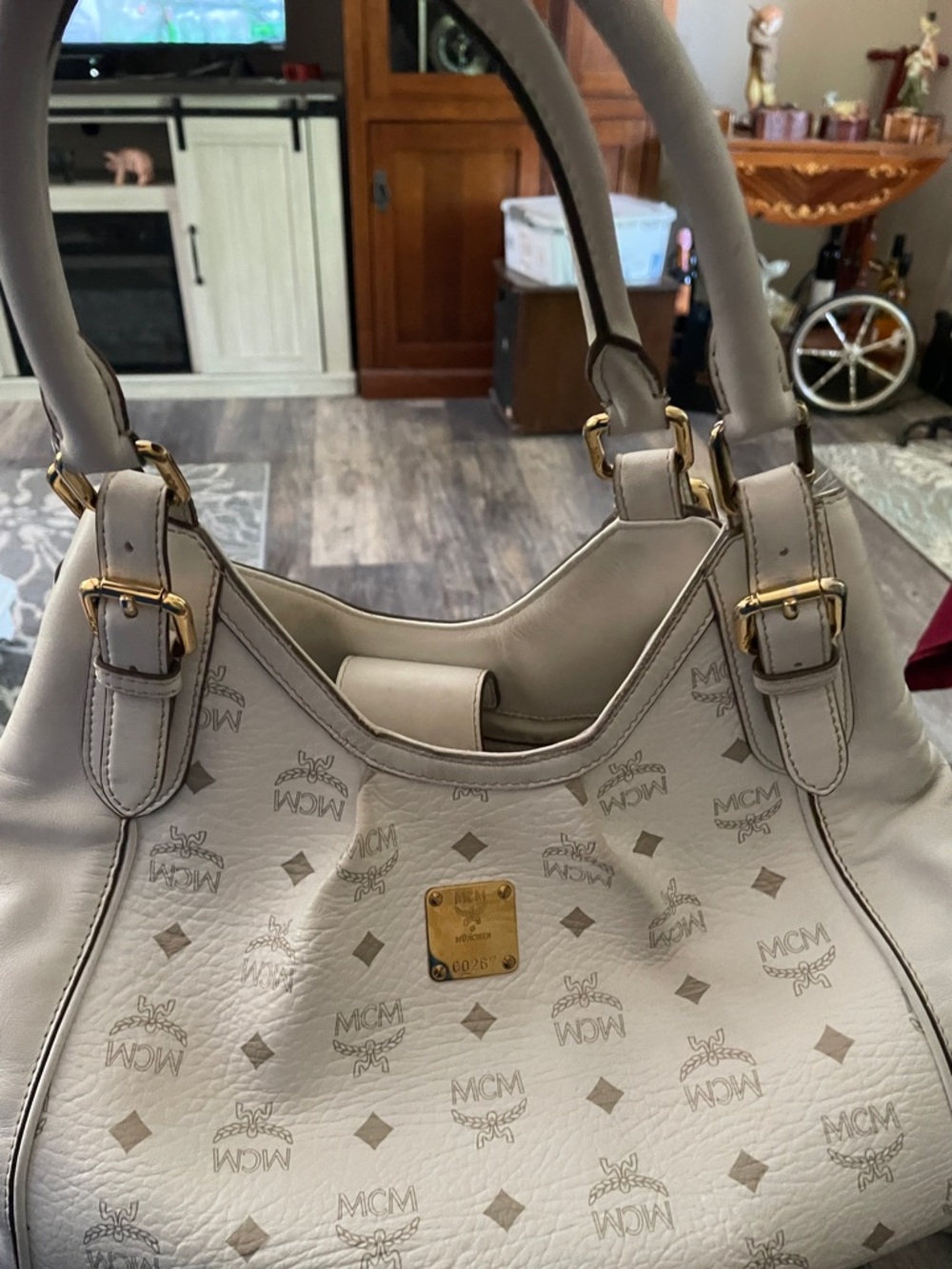 MCM Cream Logo Hobo Shoulder Bag with Gold Plaque